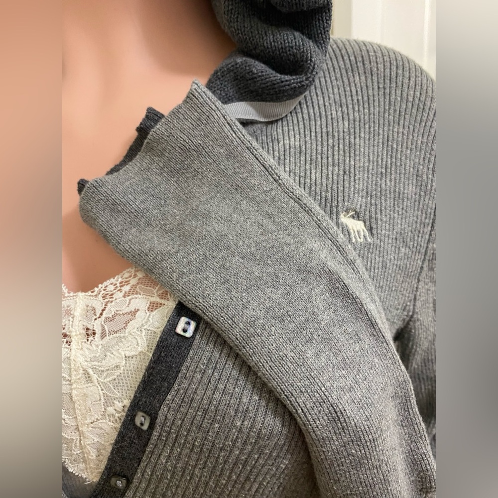 Vintage y2k Abercrombie grey button up ribbed hooded long sleeve top - Picture 4 of 15